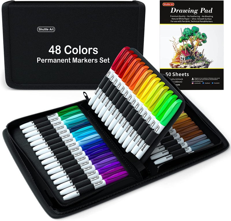 Shuttle Art Permanent Markers, 48 Colors Fine Point, Assorted Colors with Travel Case, Ideal for Adults Coloring Doodling on Plastic, Glass, Wood and Stone, Gift for Kids - Image 1
